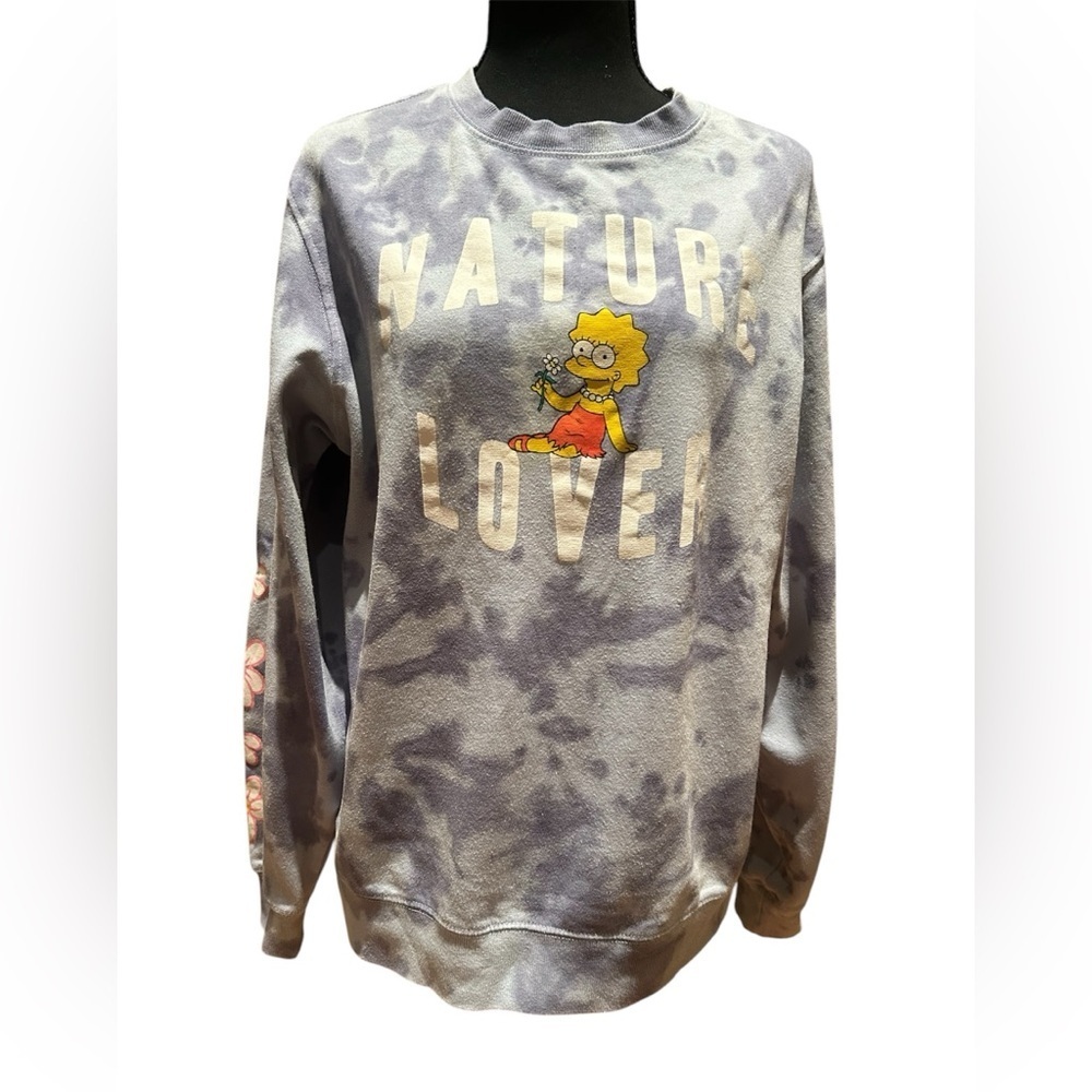 Lisa Simpson Nature Lover Tie Dye Sweatshirt Floral Sleeve Graphic Pullover L